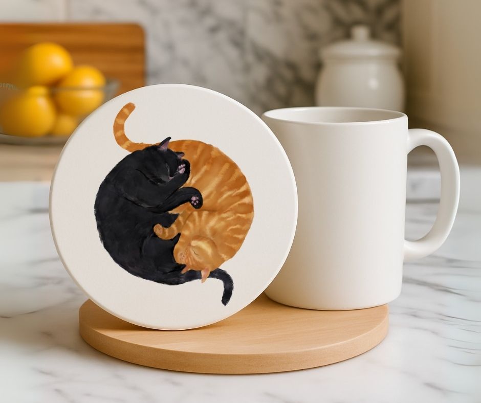 Sleeping Black and Ginger Cats Ceramic Coaster - MerikaArt