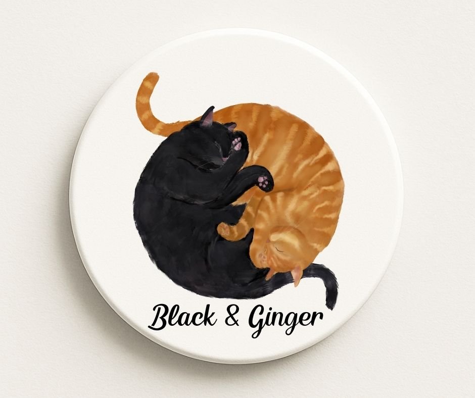 Sleeping Black and Ginger Cats Ceramic Coaster - MerikaArt