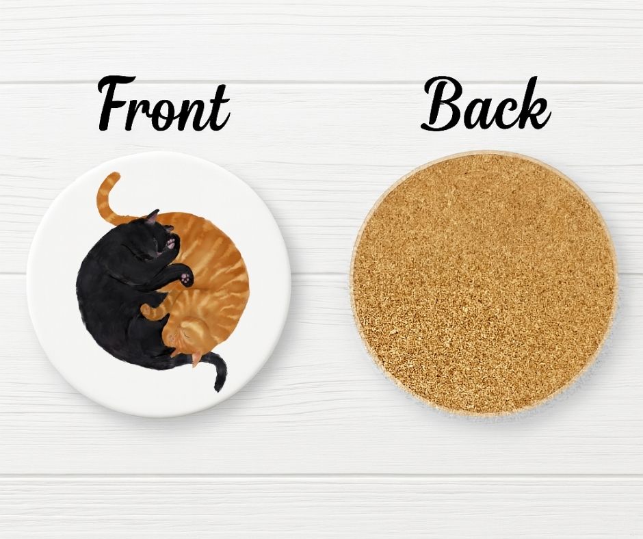 Sleeping Black and Ginger Cats Ceramic Coaster - MerikaArt