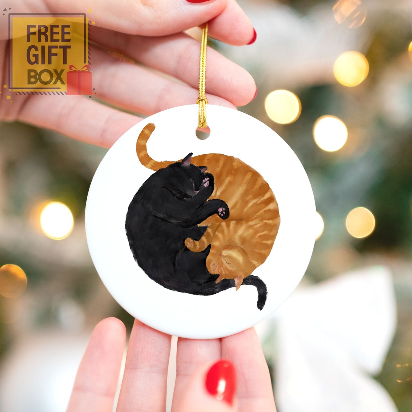 Sleeping Black And Ginger Cats Ceramic Ornaments - MerikaArt