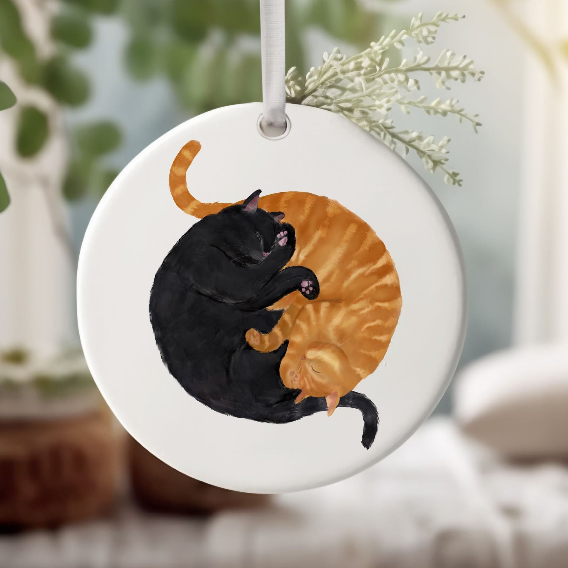 Sleeping Black And Ginger Cats Ceramic Ornaments - MerikaArt