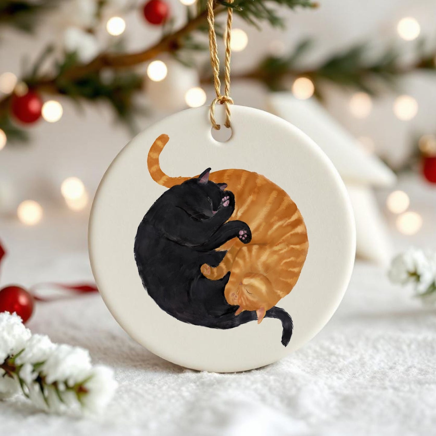 Sleeping Black And Ginger Cats Ceramic Ornaments - MerikaArt