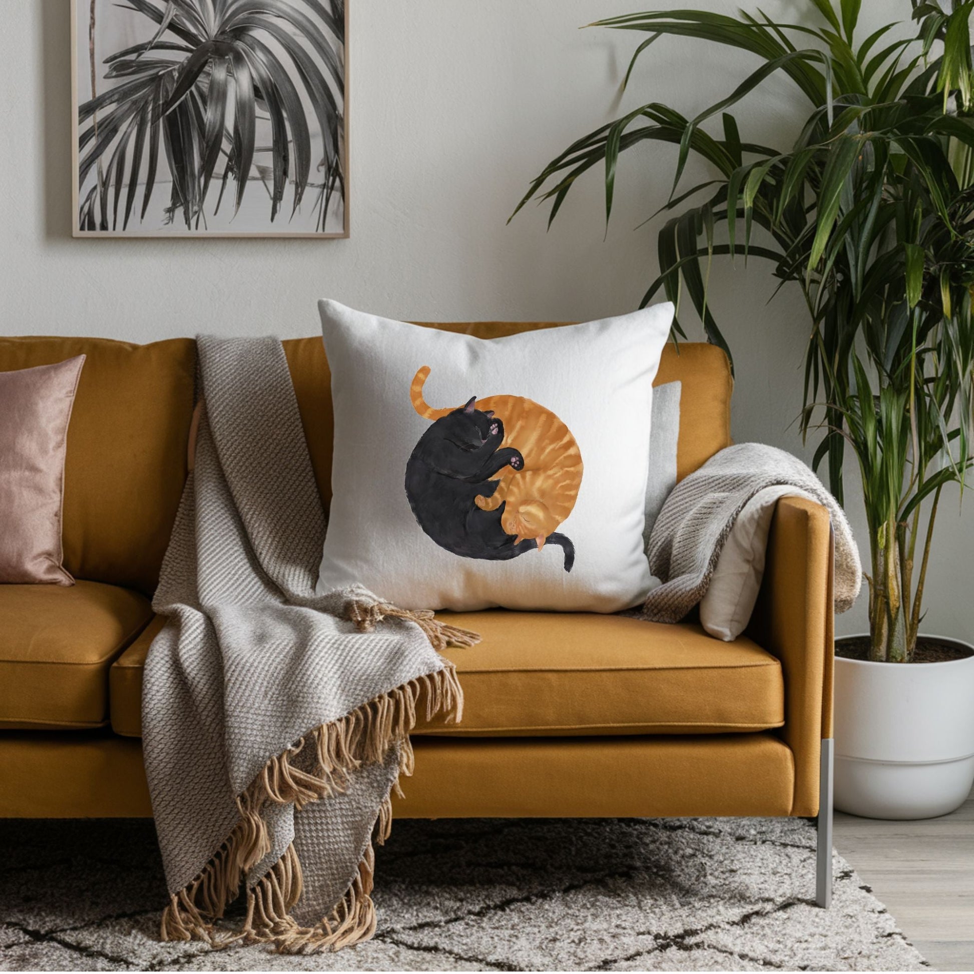 Sleeping Black and Orange Cat Pillow - MerikaArt