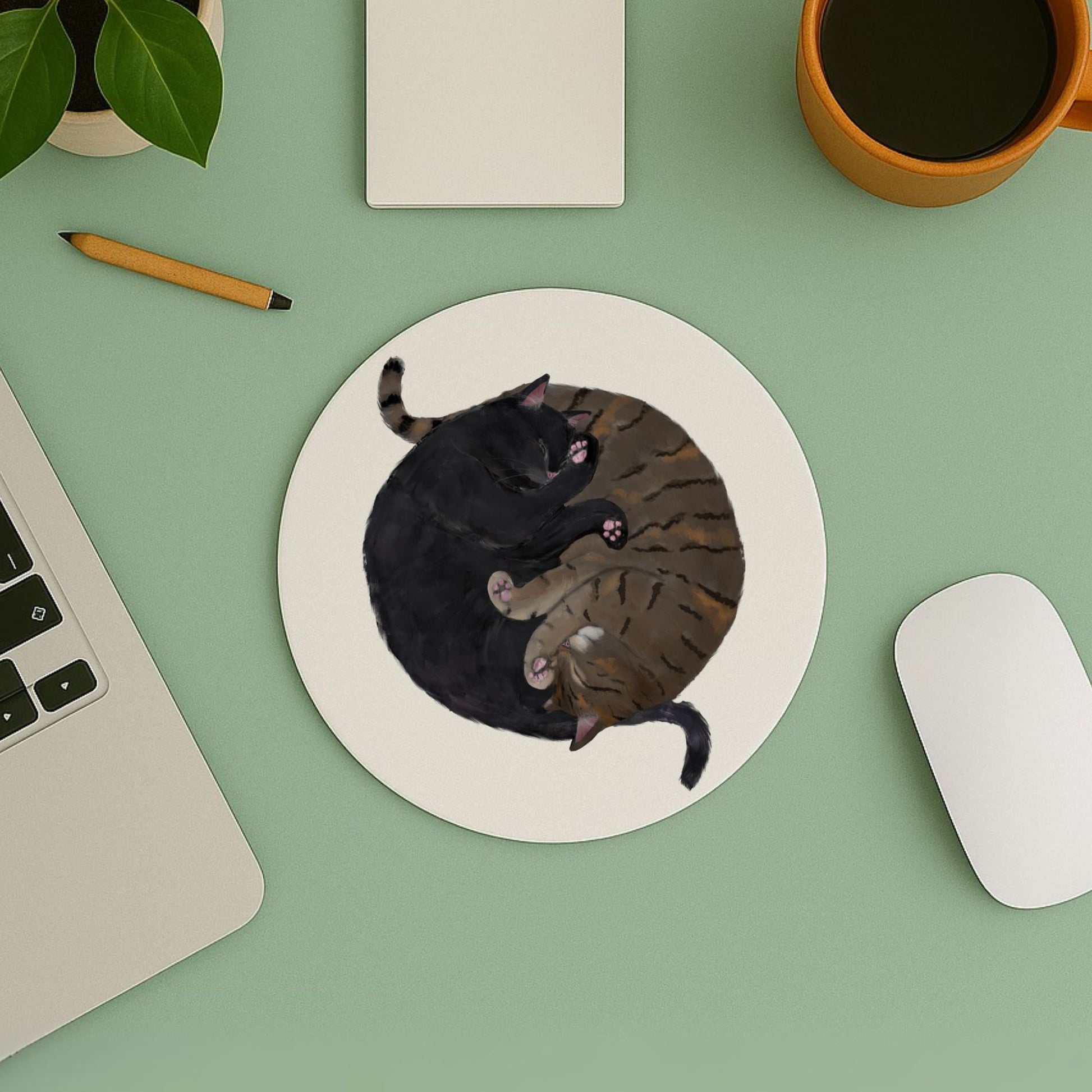 Sleeping Black and Tabby Cat Mousepad - MerikaArt