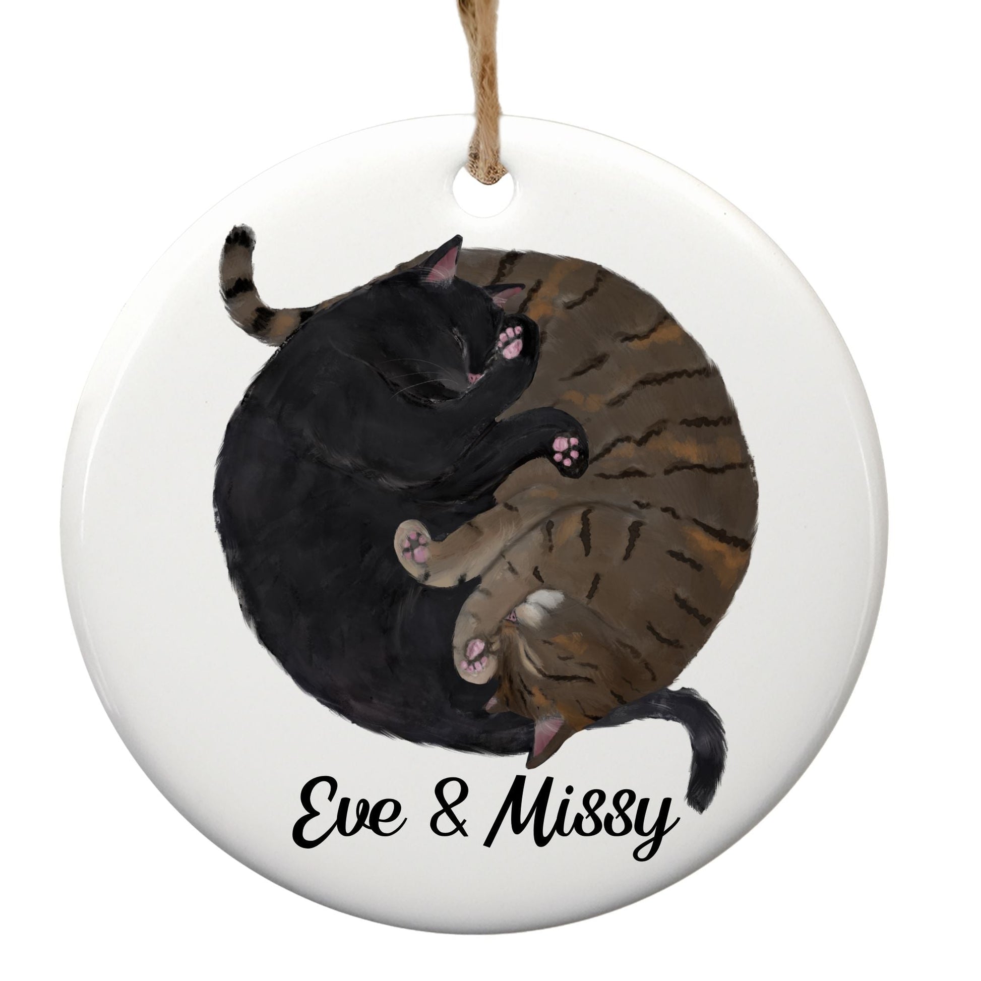 Sleeping Black And Tabby Cats Ceramic Ornament - MerikaArt