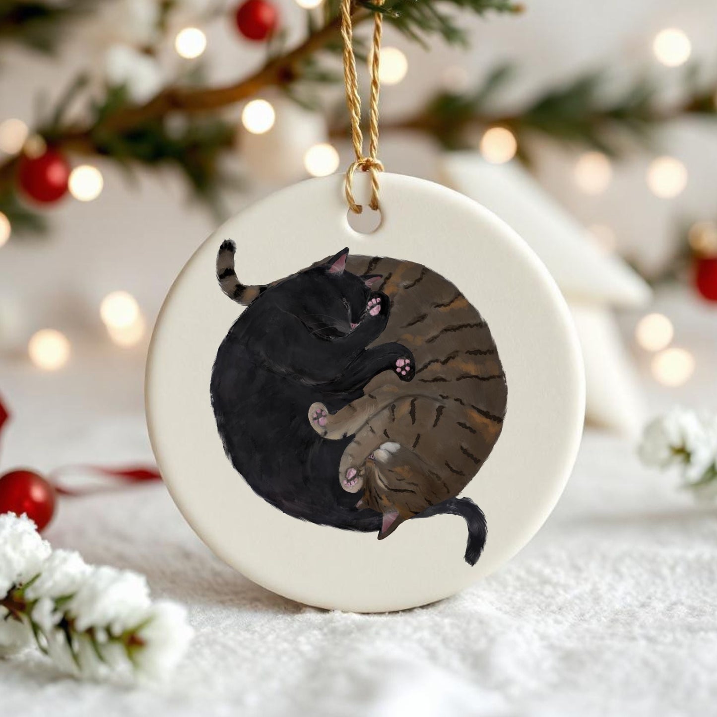 Sleeping Black And Tabby Cats Ceramic Ornament - MerikaArt