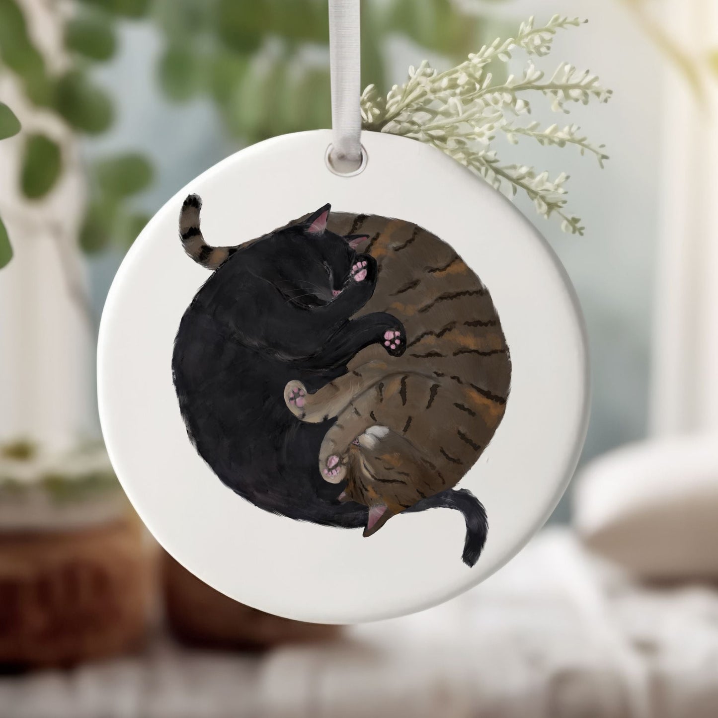 Sleeping Black And Tabby Cats Ceramic Ornament - MerikaArt