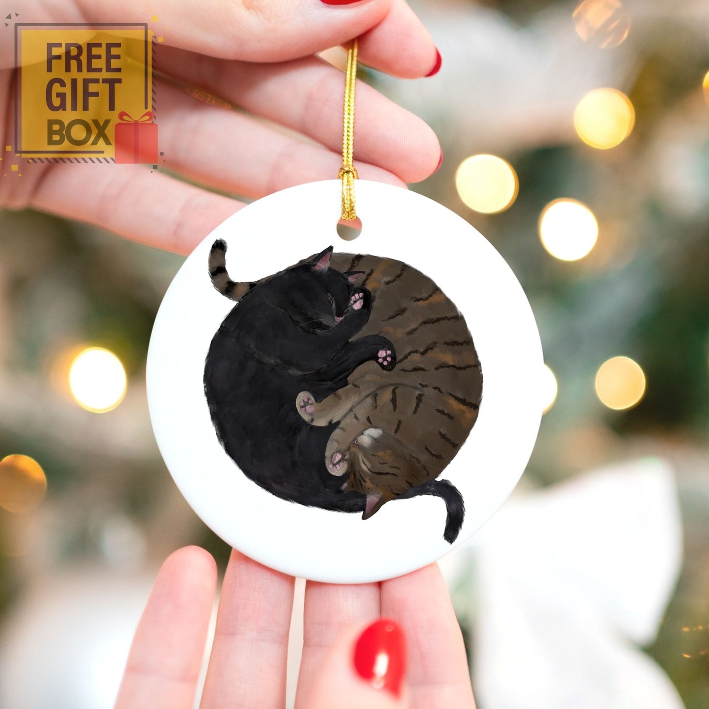 Sleeping Black And Tabby Cats Ceramic Ornament - MerikaArt