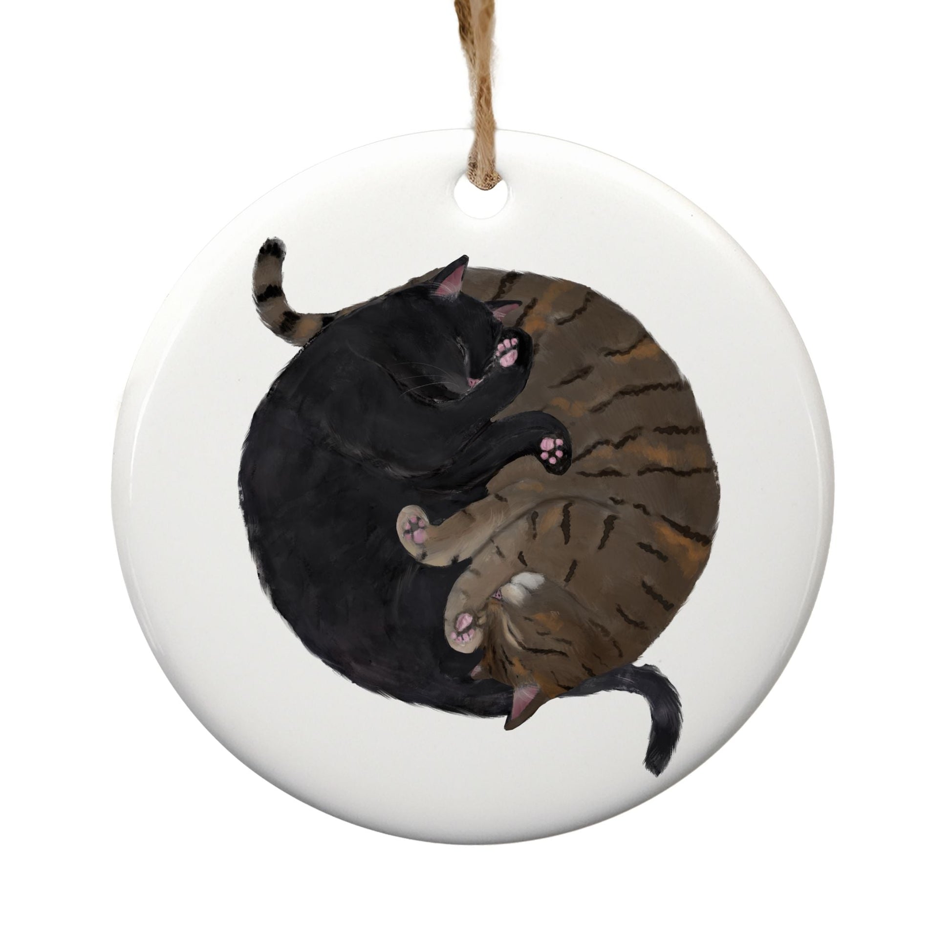 Sleeping Black And Tabby Cats Ceramic Ornament - MerikaArt