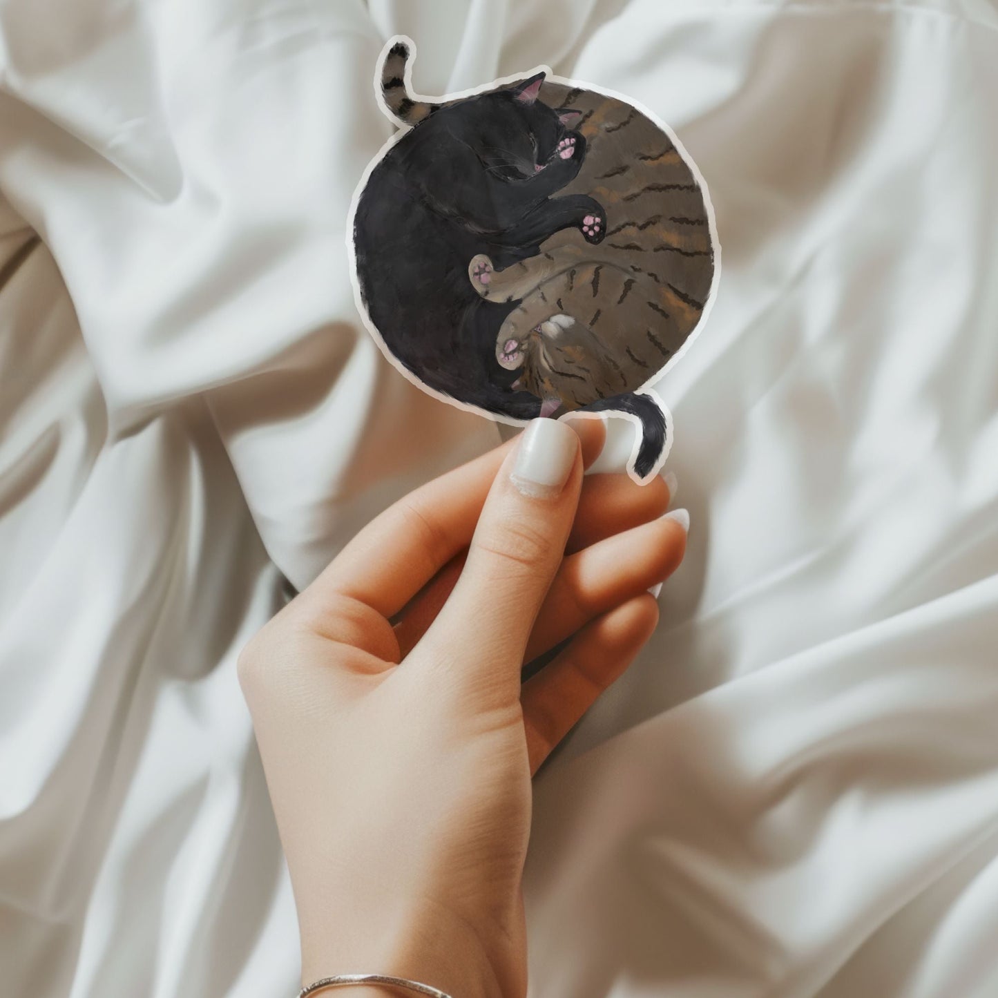 Sleeping Black And Tabby Cats Vinyl Sticker - MerikaArt