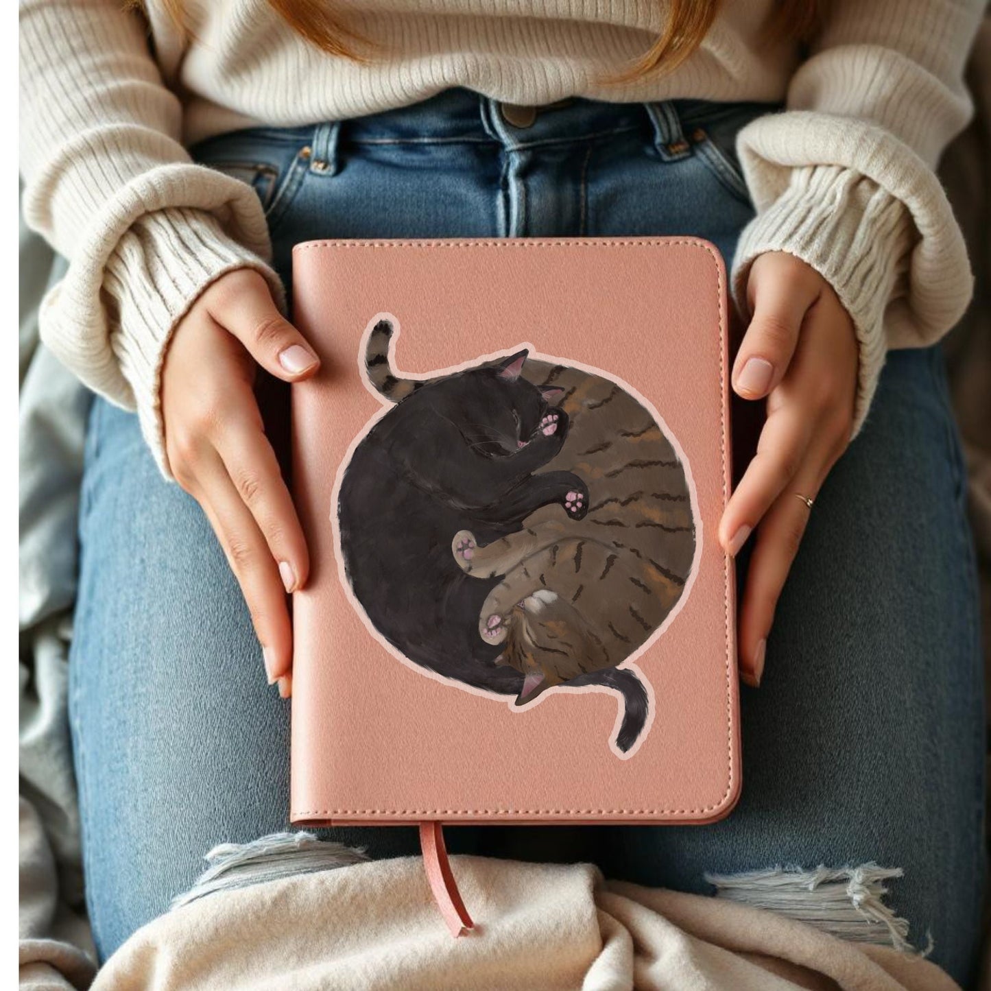 Sleeping Black And Tabby Cats Vinyl Sticker - MerikaArt
