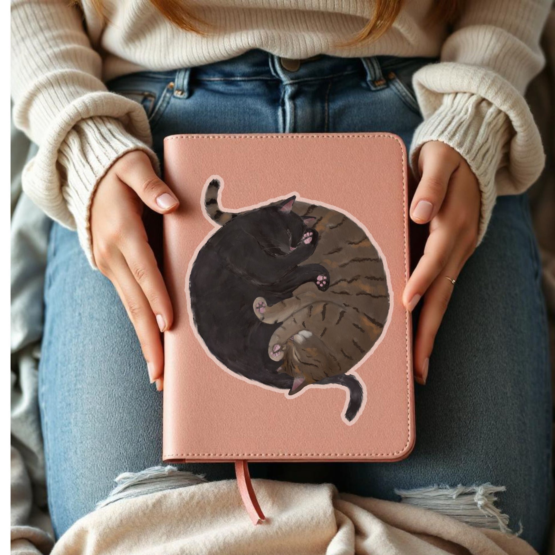 Sleeping Black And Tabby Cats Vinyl Sticker - MerikaArt