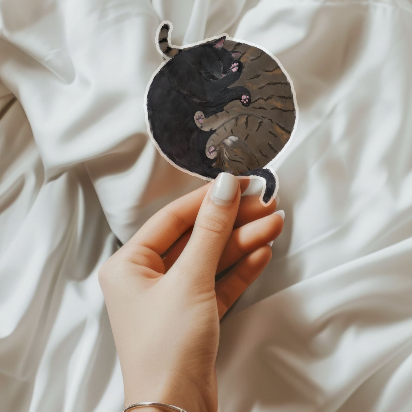 Sleeping Black And Tabby Cats Vinyl Sticker - MerikaArt