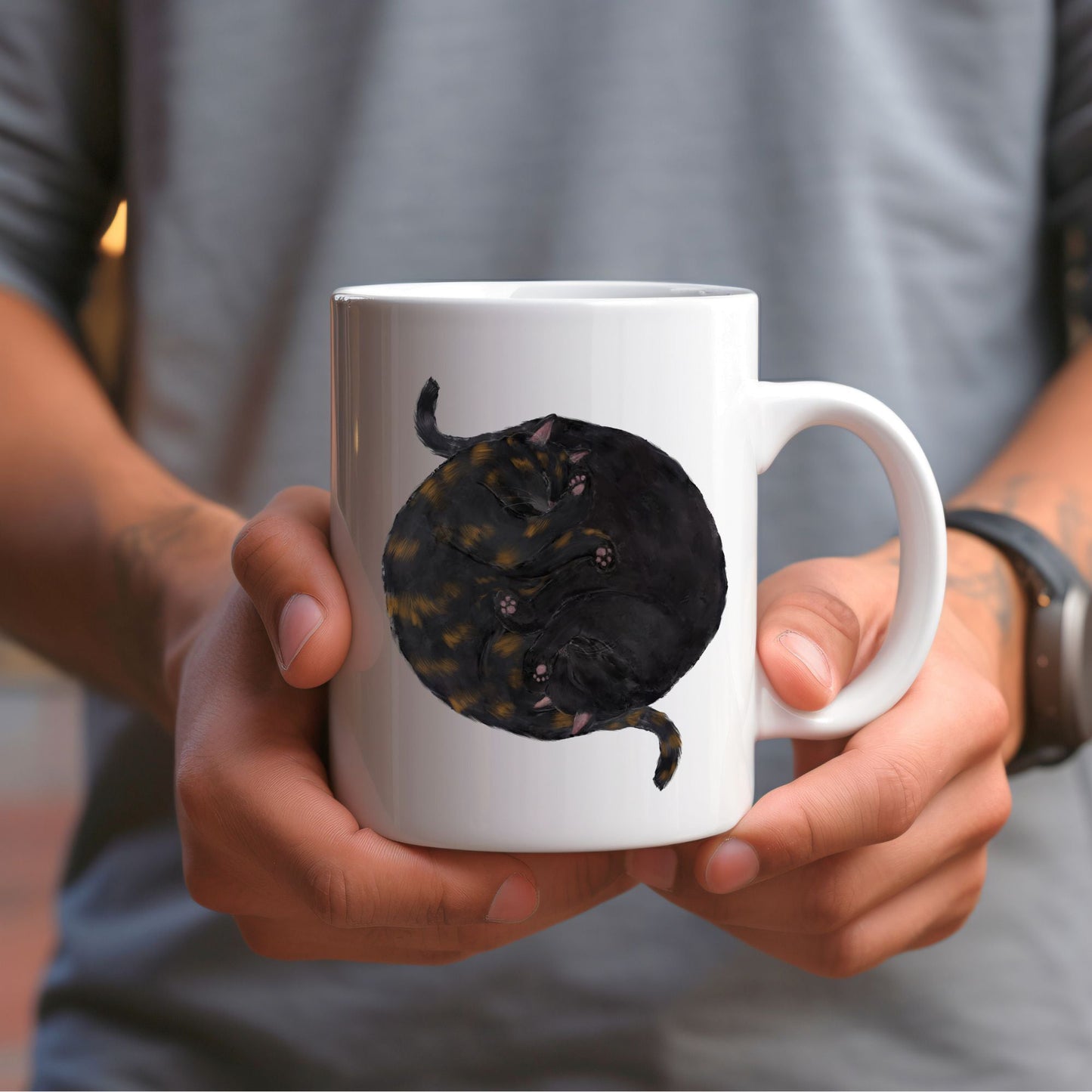 Sleeping Black and Tortoiseshell Cat Mug - MerikaArt