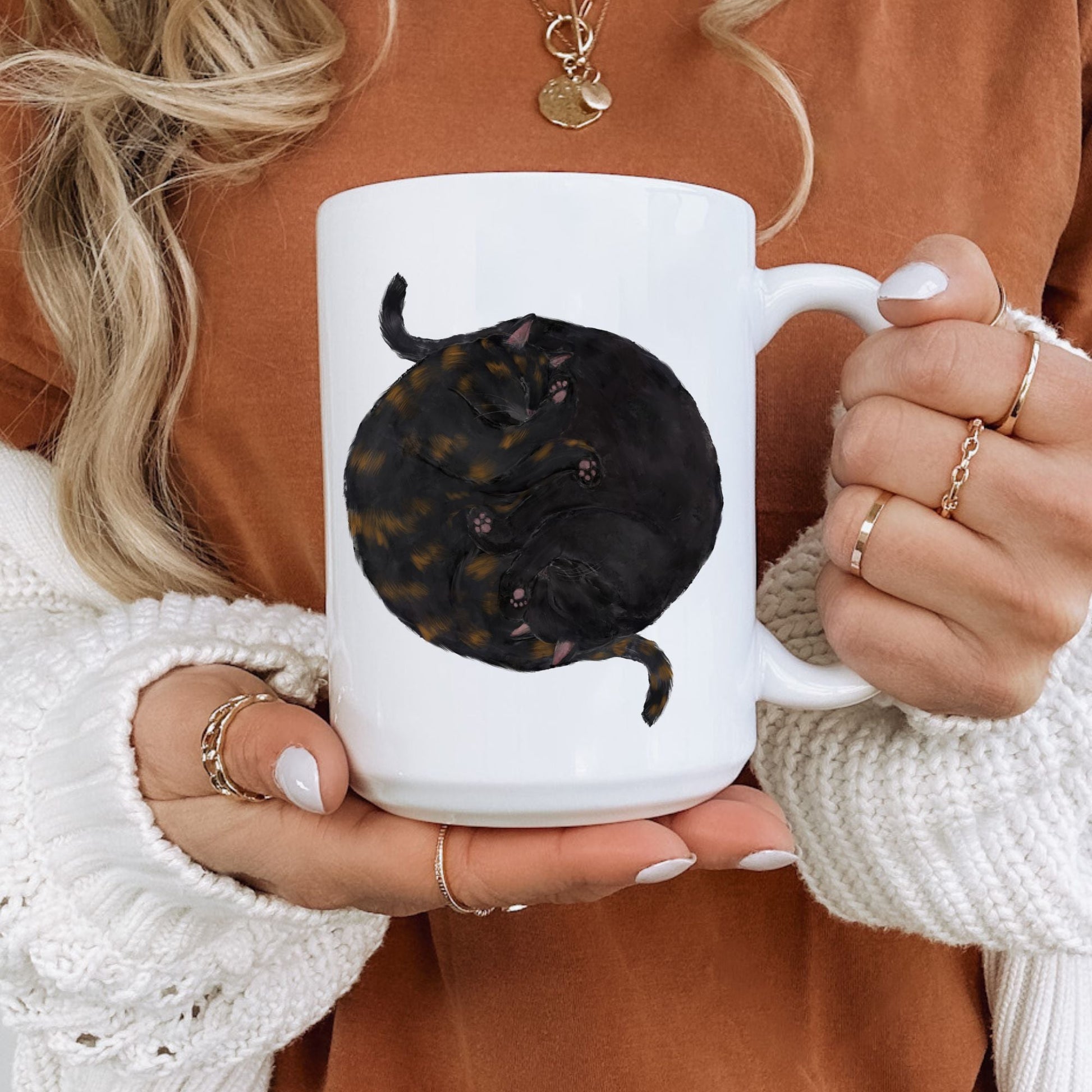 Sleeping Black and Tortoiseshell Cat Mug - MerikaArt