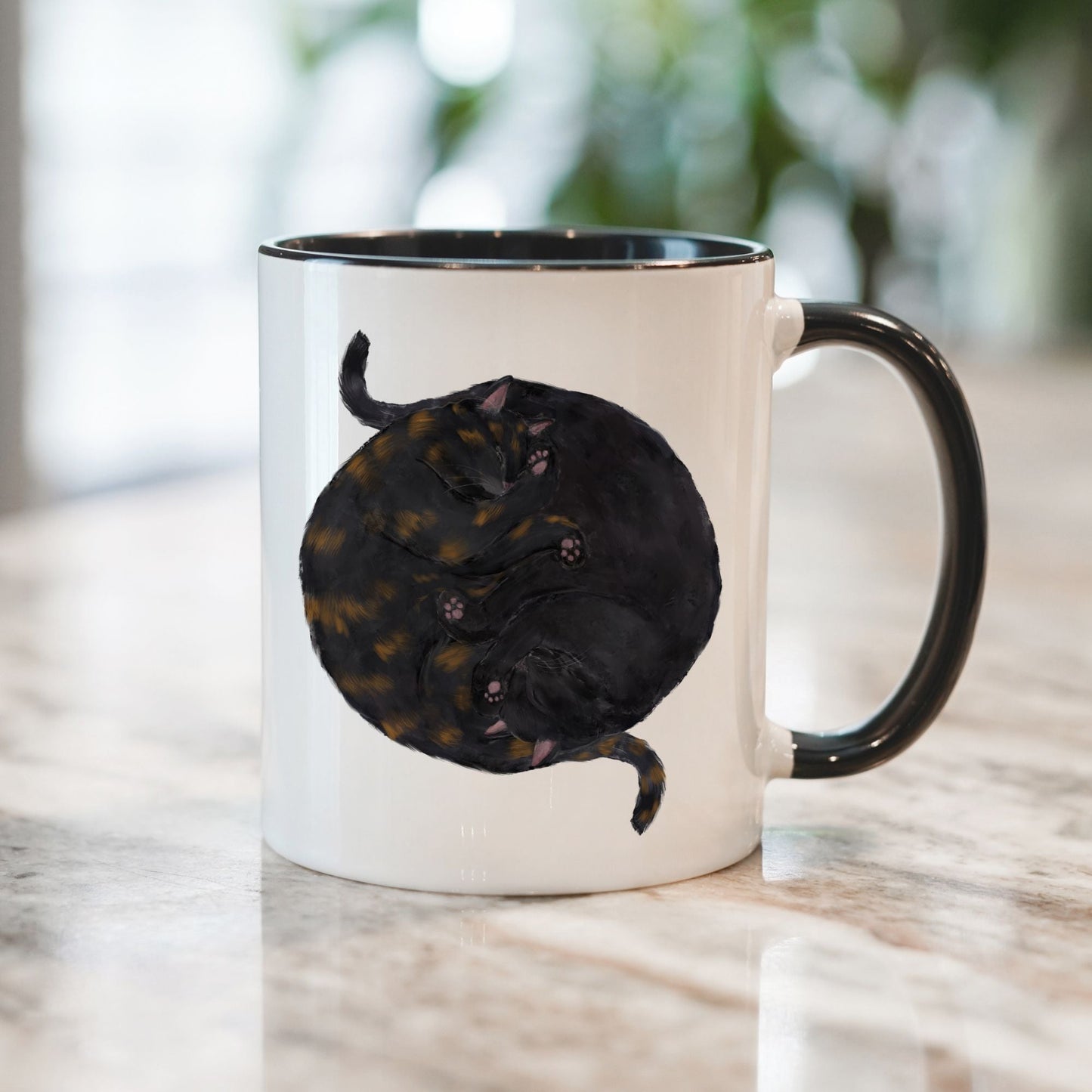 Sleeping Black and Tortoiseshell Cat Mug - MerikaArt