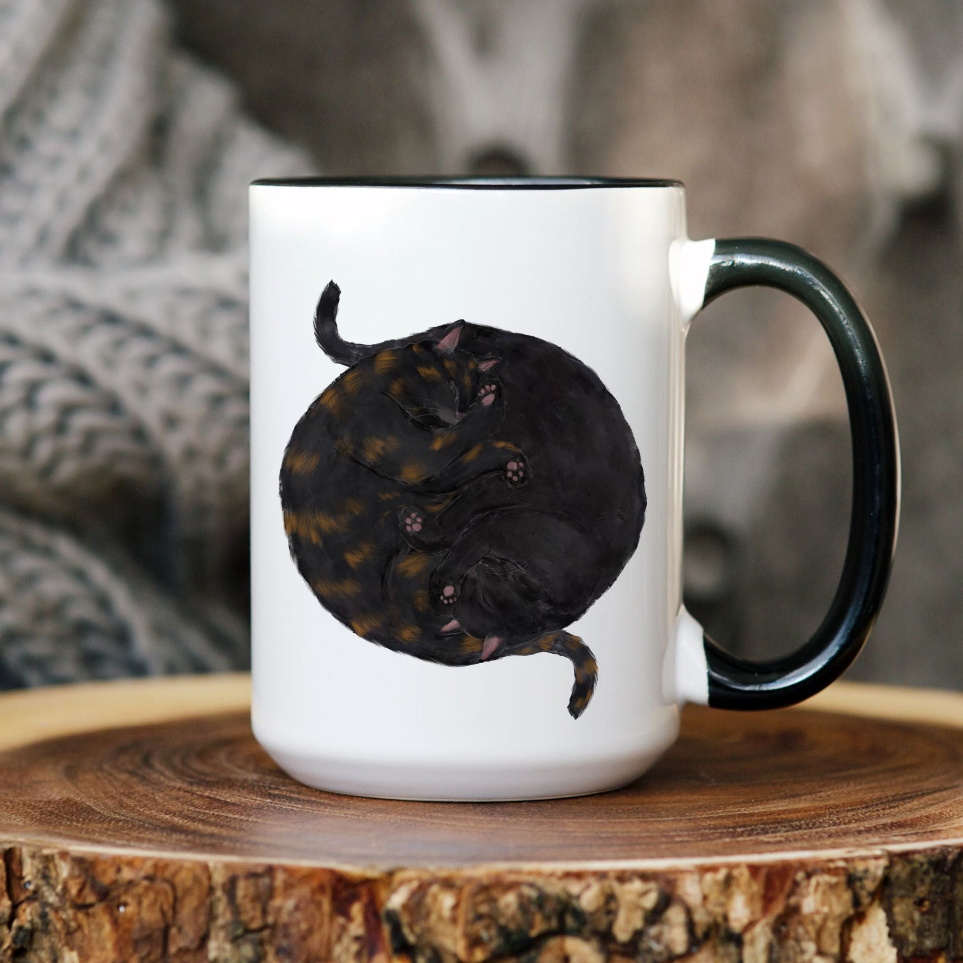 Sleeping Black and Tortoiseshell Cat Mug - MerikaArt