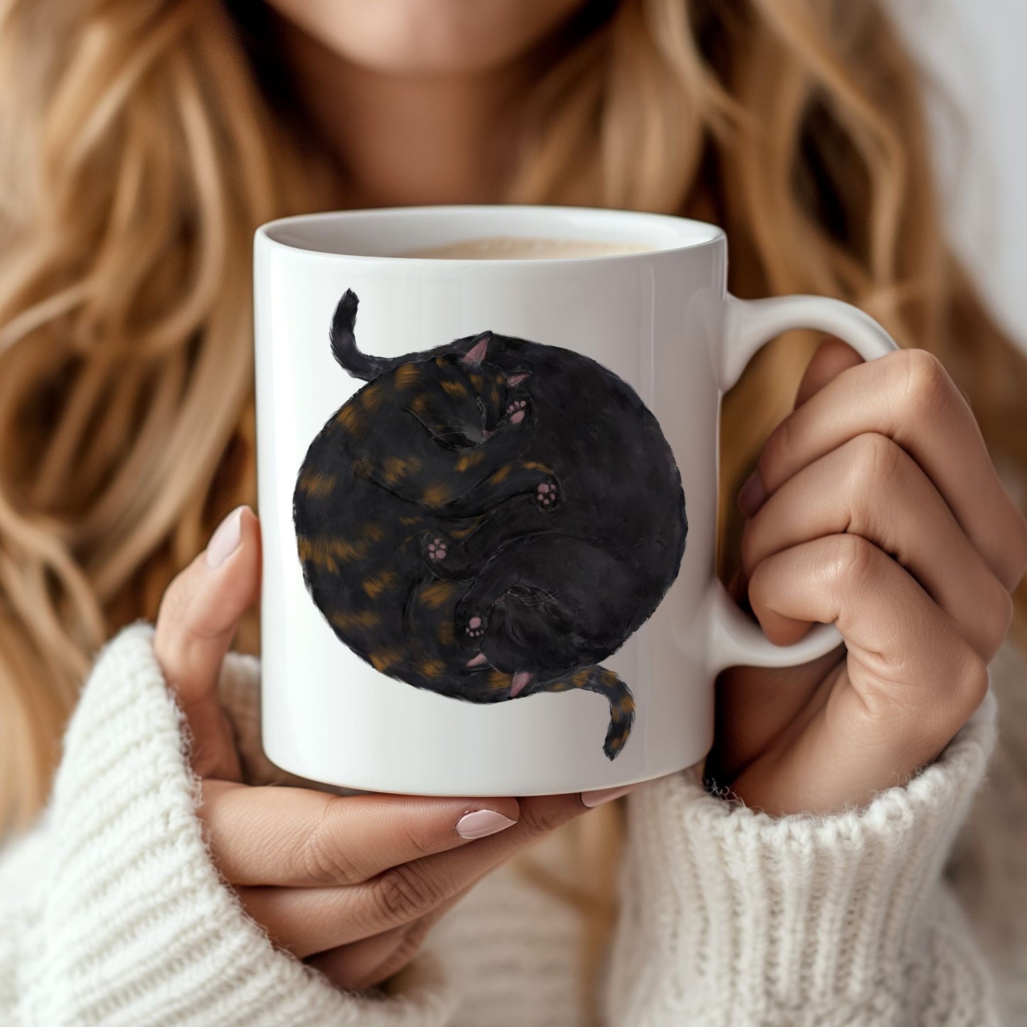 Sleeping Black and Tortoiseshell Cat Mug - MerikaArt