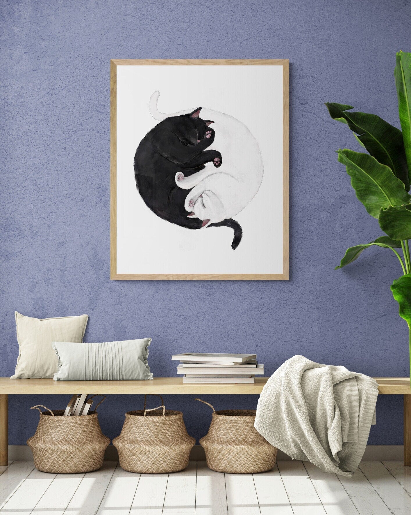 Sleeping Black And White Cat Print, Custom Sleeping White and Black Cat, Cat Illustration, Home Decor, Lazy Cat Painting - MerikaArt