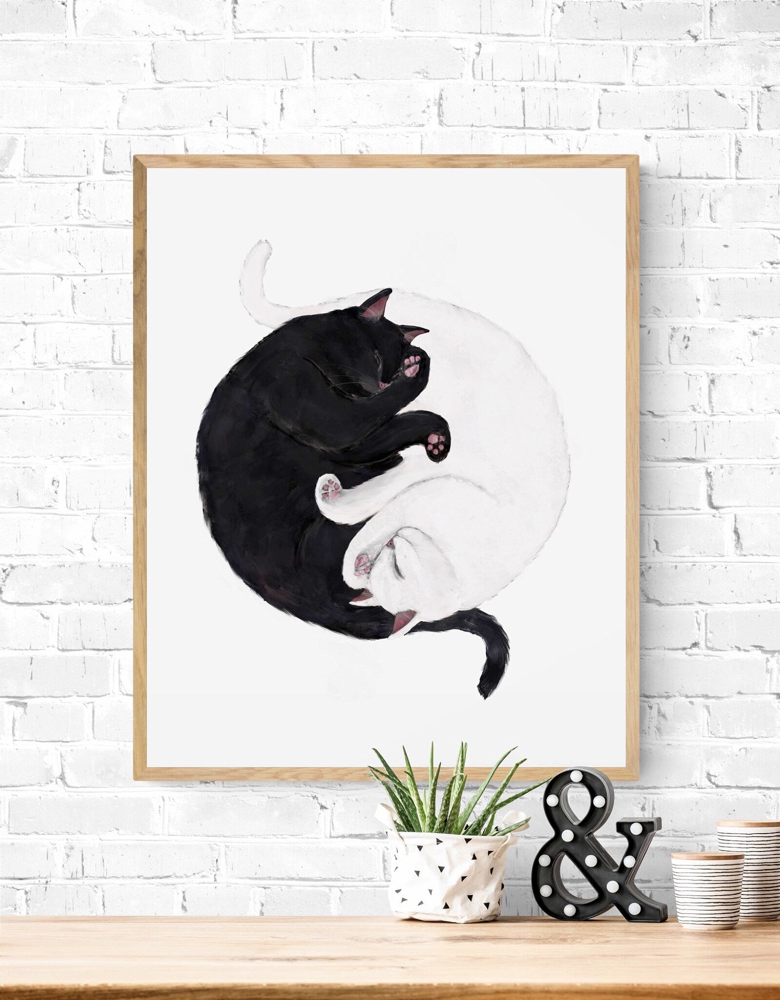 Sleeping Black And White Cat Print, Custom Sleeping White and Black Cat, Cat Illustration, Home Decor, Lazy Cat Painting - MerikaArt