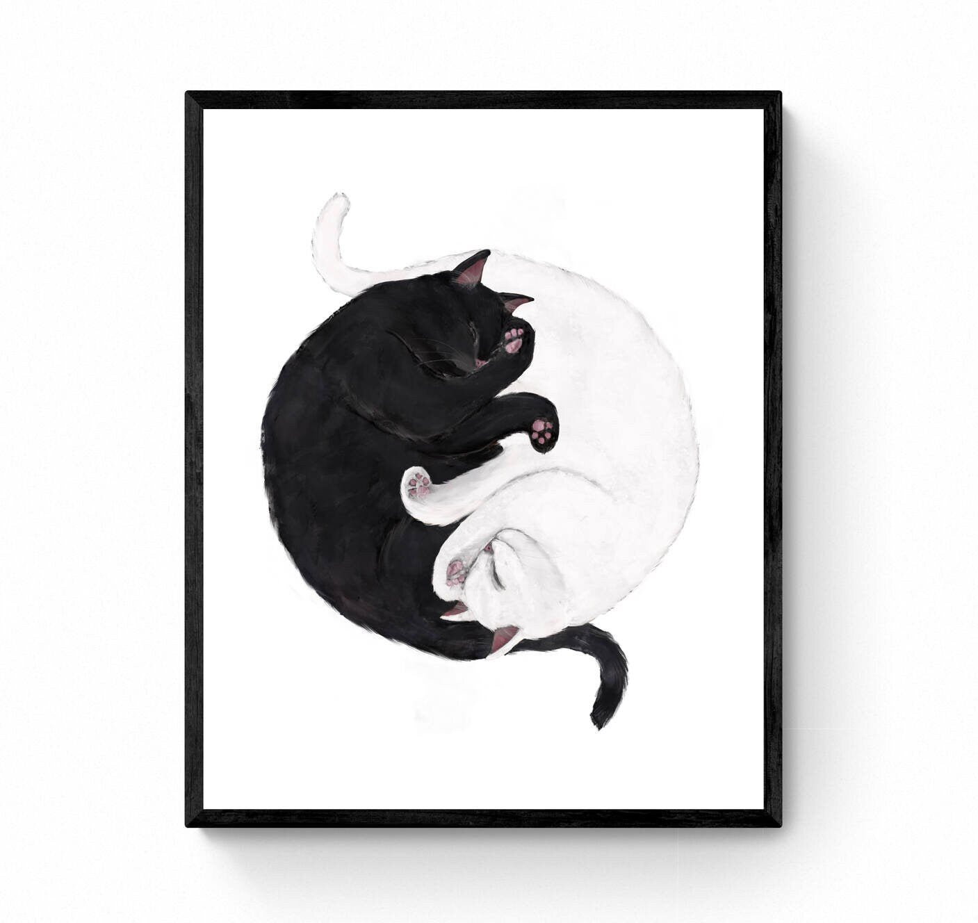 Sleeping Black And White Cat Print, Custom Sleeping White and Black Cat, Cat Illustration, Home Decor, Lazy Cat Painting - MerikaArt