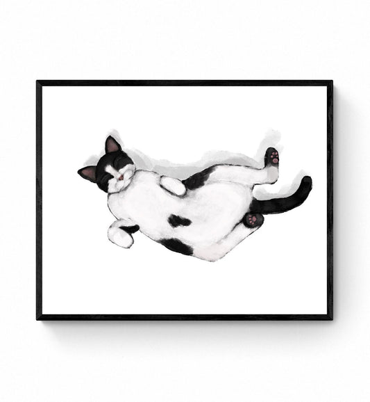 Sleeping Black and White Cat Print, Sleeping Cat Artwork, Sleeping Tuxedo Cat Art, Cat Illustration, Home Decor, Cat Painting, Cat Lover - MerikaArt