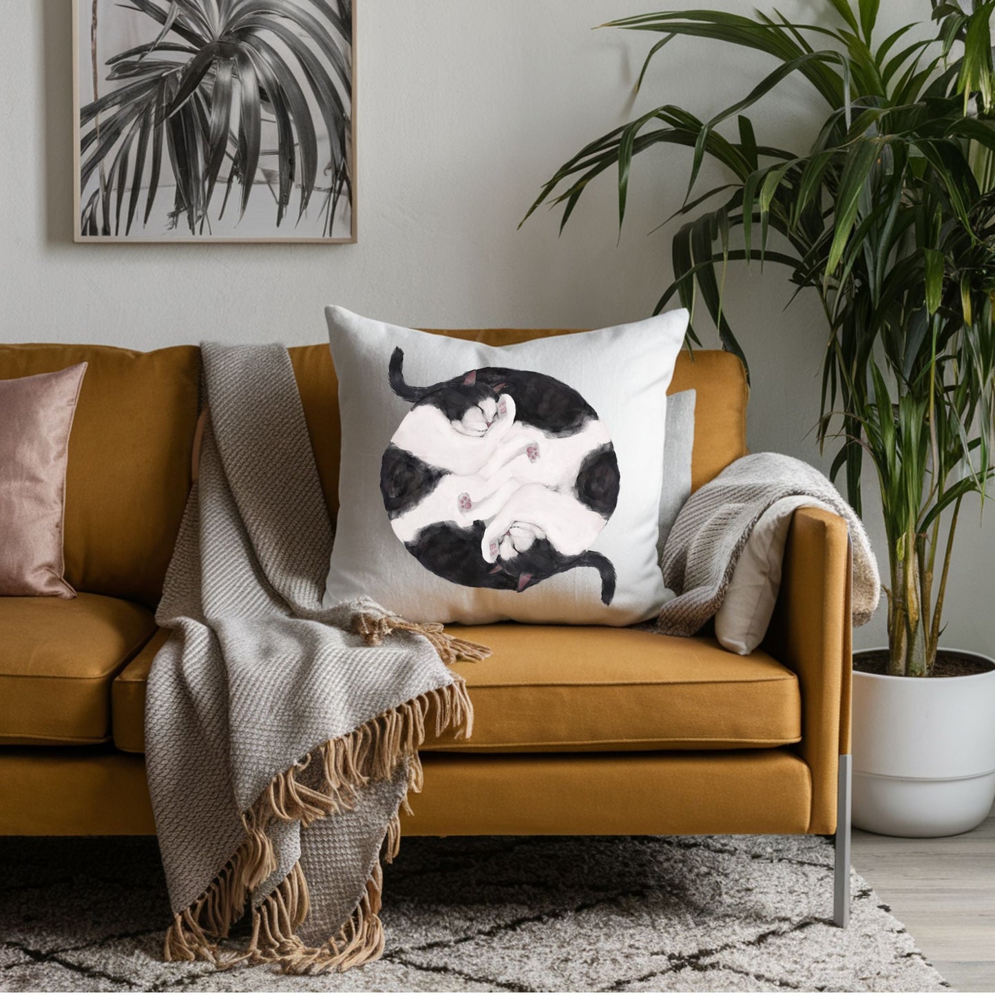 Sleeping Black and White Cats Pillow - MerikaArt