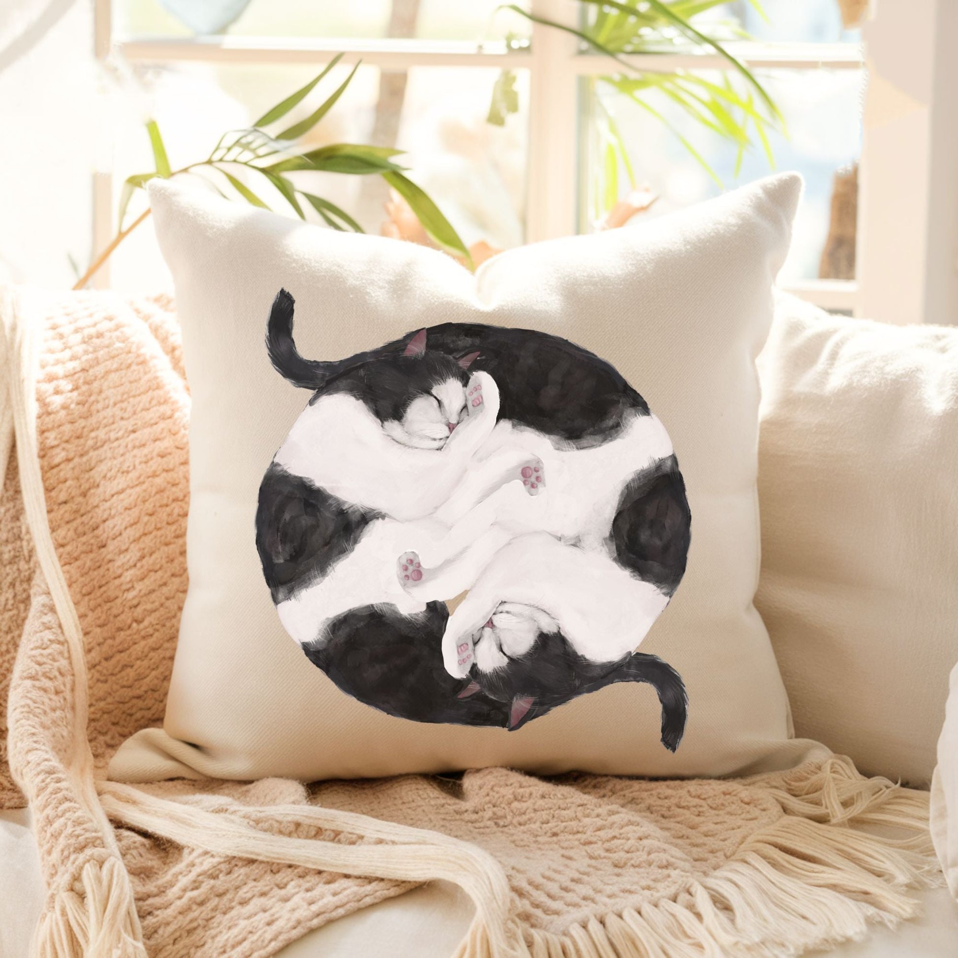 Sleeping Black and White Cats Pillow - MerikaArt