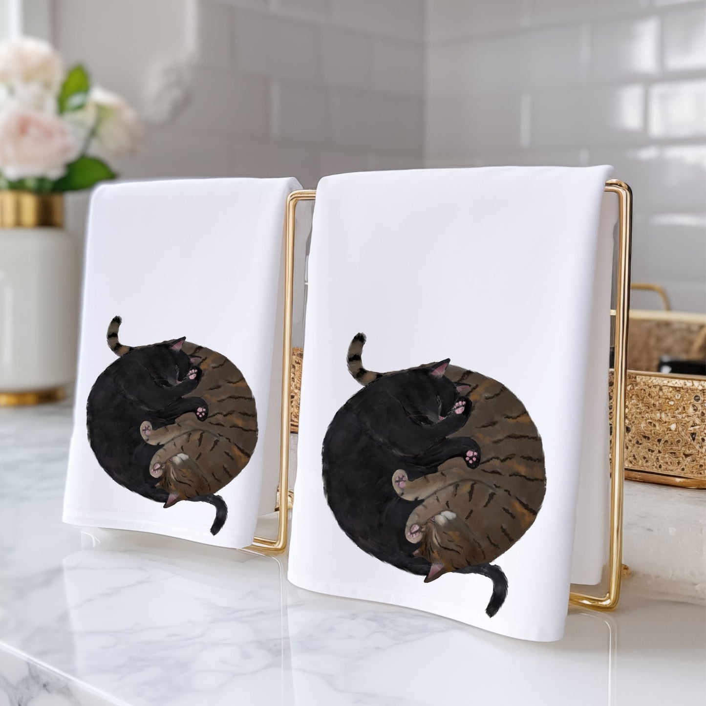 Sleeping Black Cat and Tortoiseshell Cat Bathroom Towel - MerikaArt