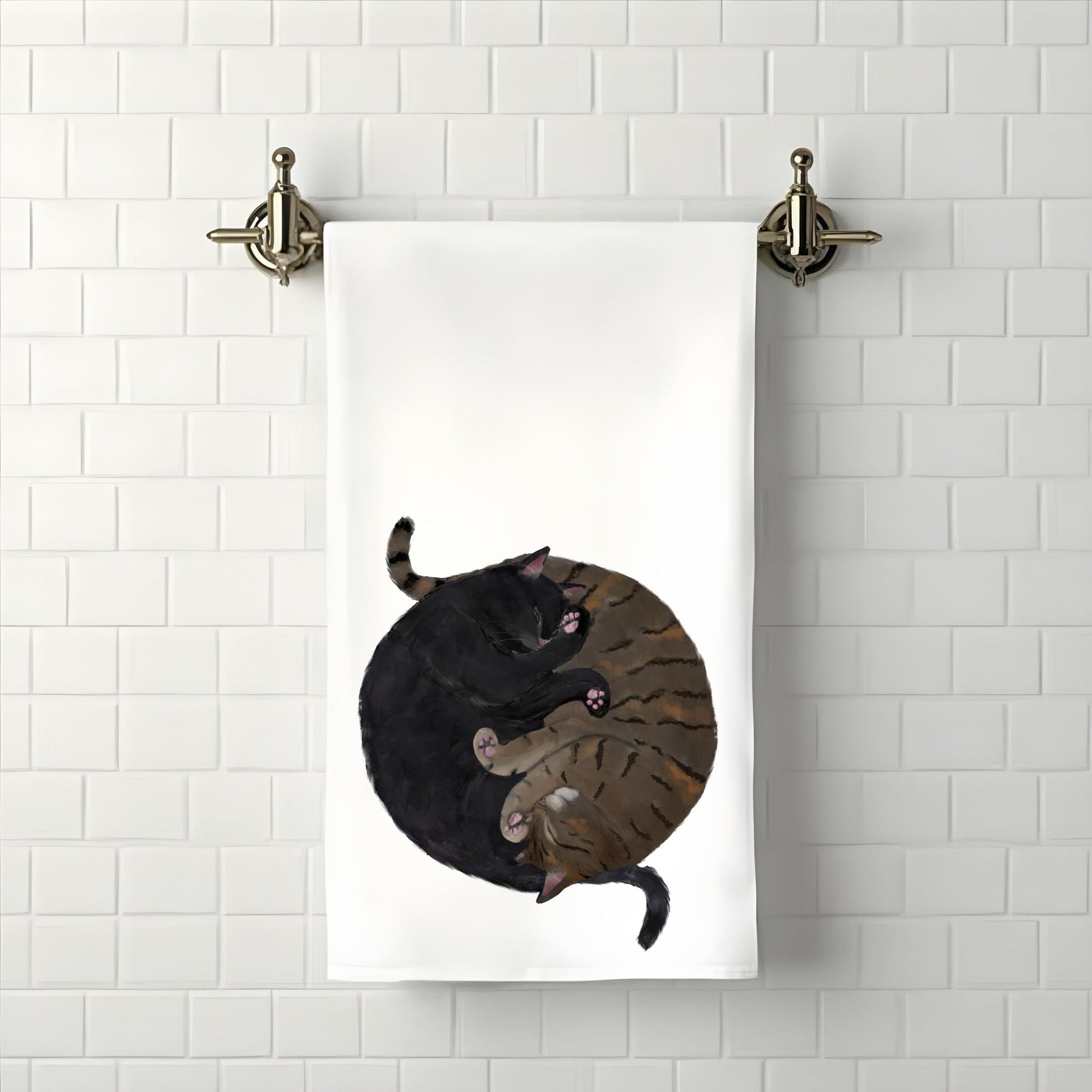 Sleeping Black Cat and Tortoiseshell Cat Bathroom Towel - MerikaArt
