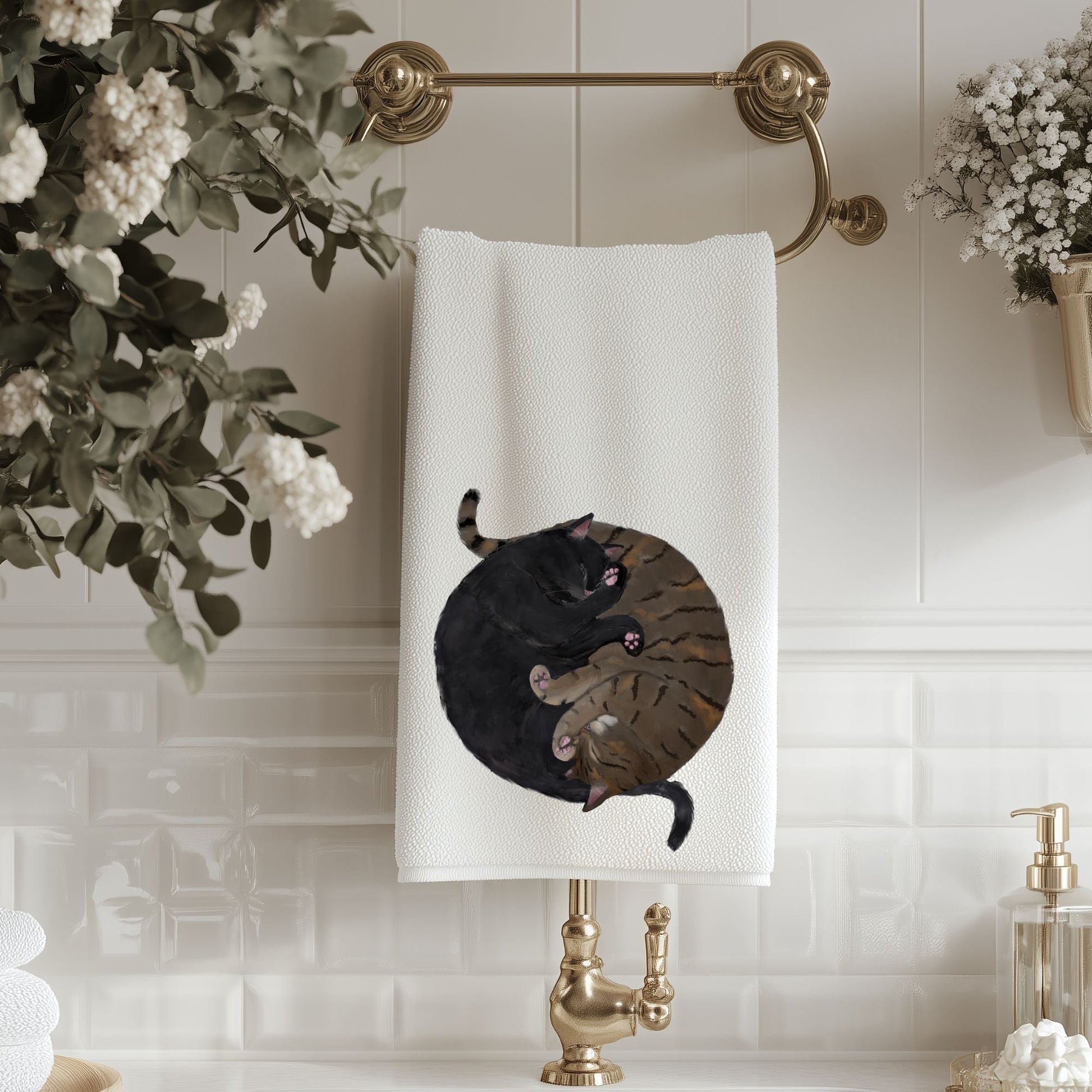 Sleeping Black Cat and Tortoiseshell Cat Bathroom Towel - MerikaArt