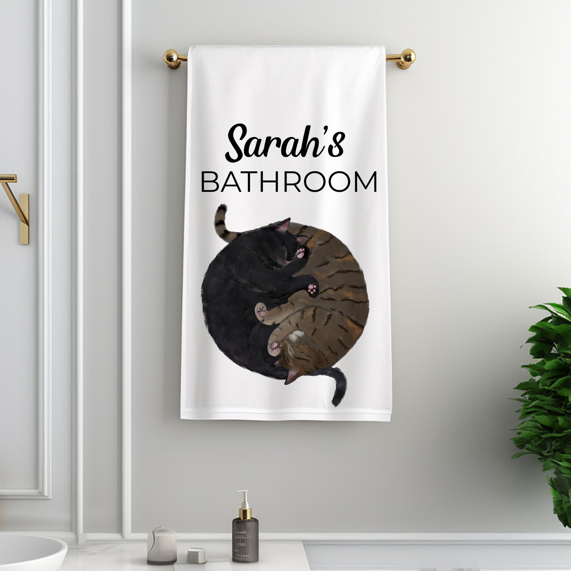 Sleeping Black Cat and Tortoiseshell Cat Bathroom Towel - MerikaArt