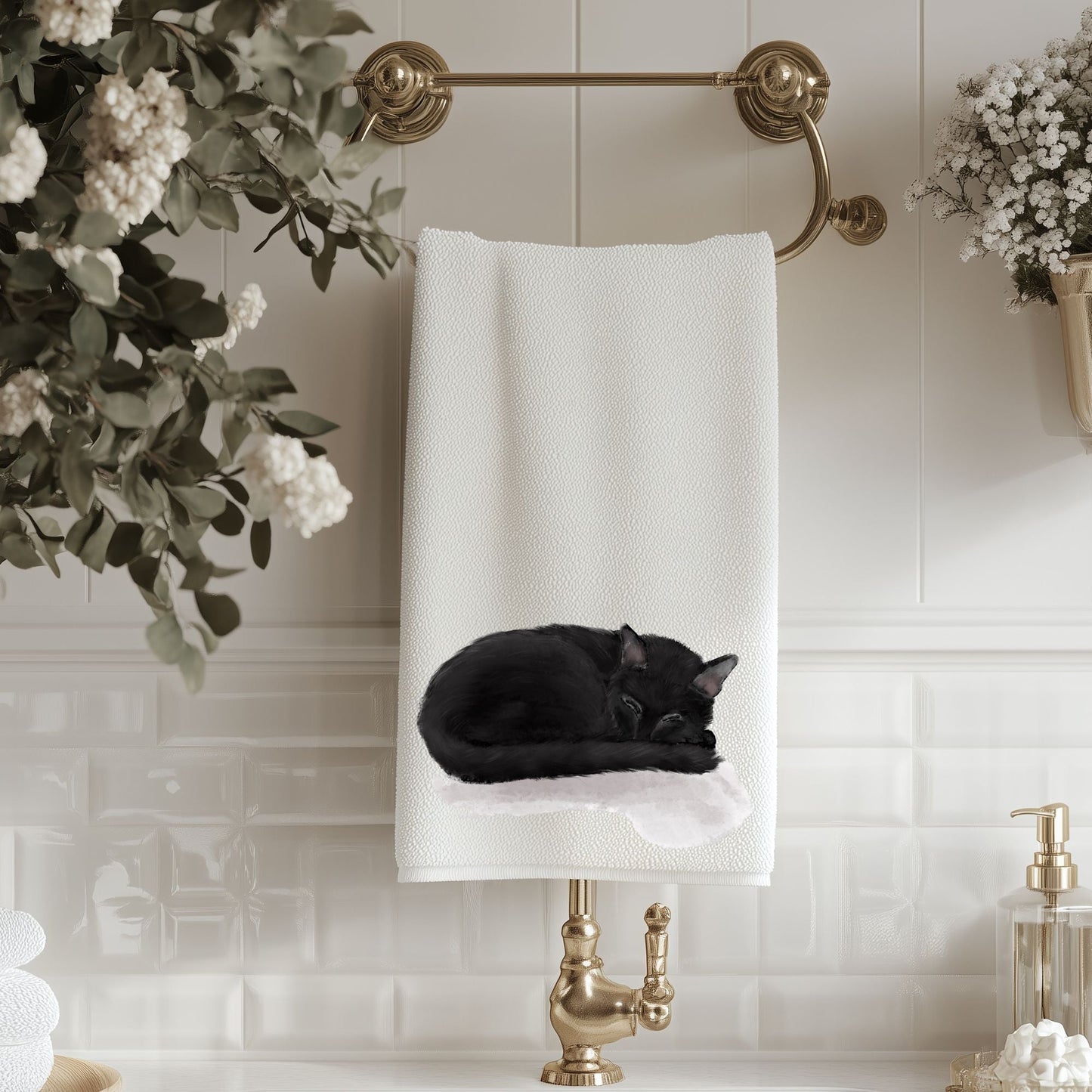 Sleeping Black Cat Bathroom Towel - MerikaArt