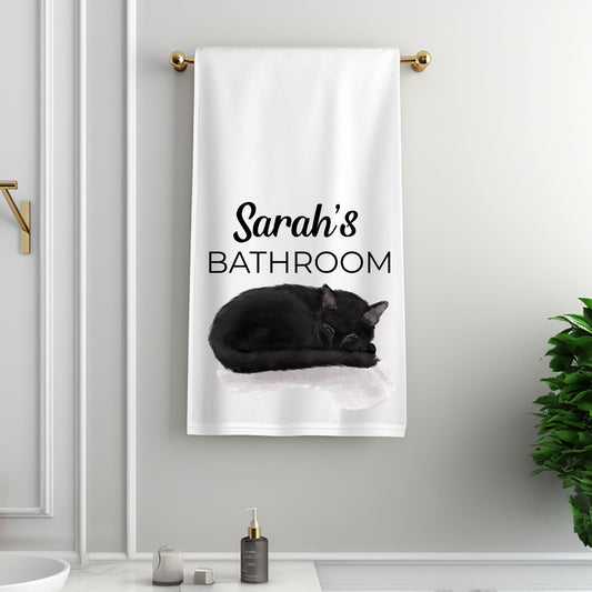 Sleeping Black Cat Bathroom Towel - MerikaArt
