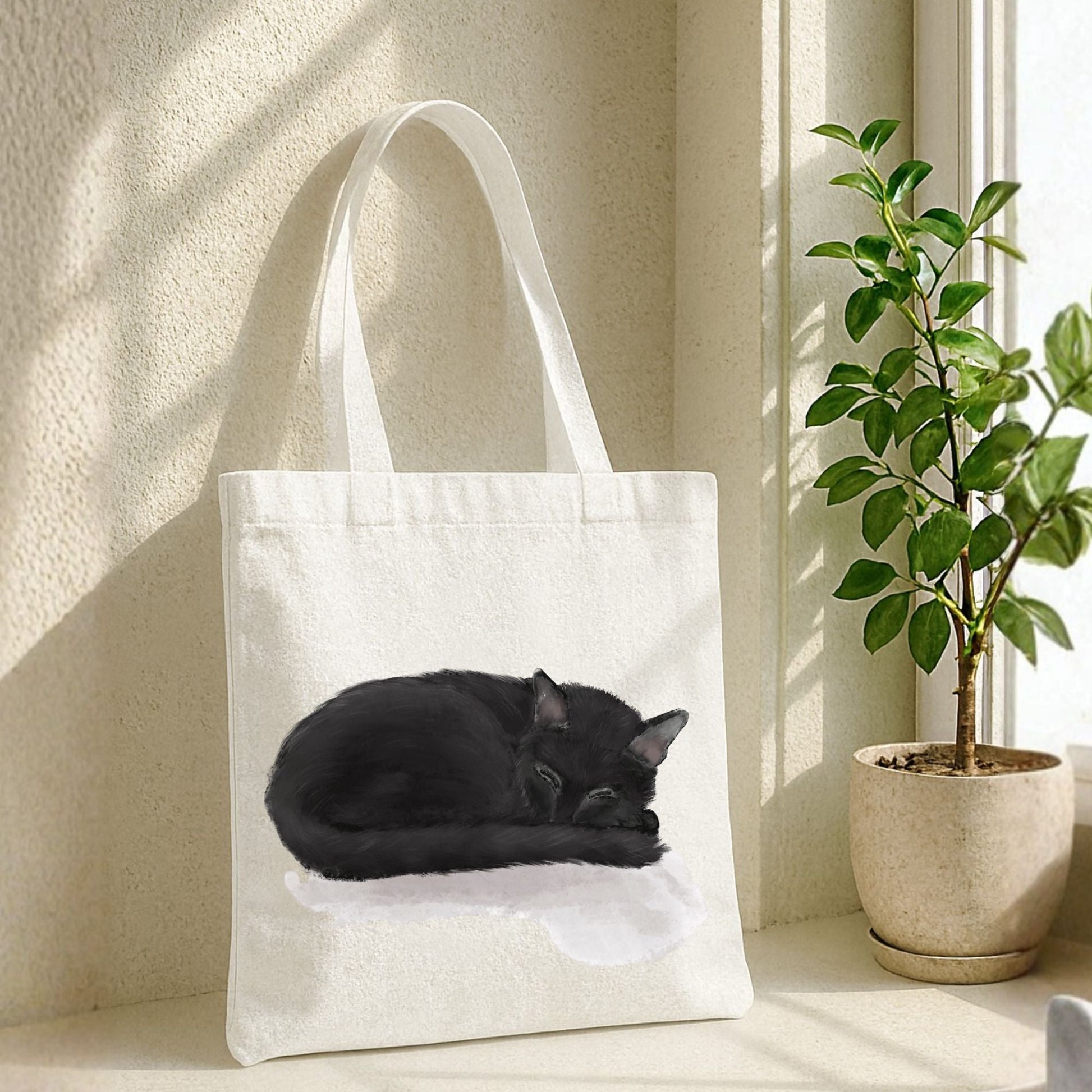 Sleeping Black Cat Canvas Tote Bag - MerikaArt