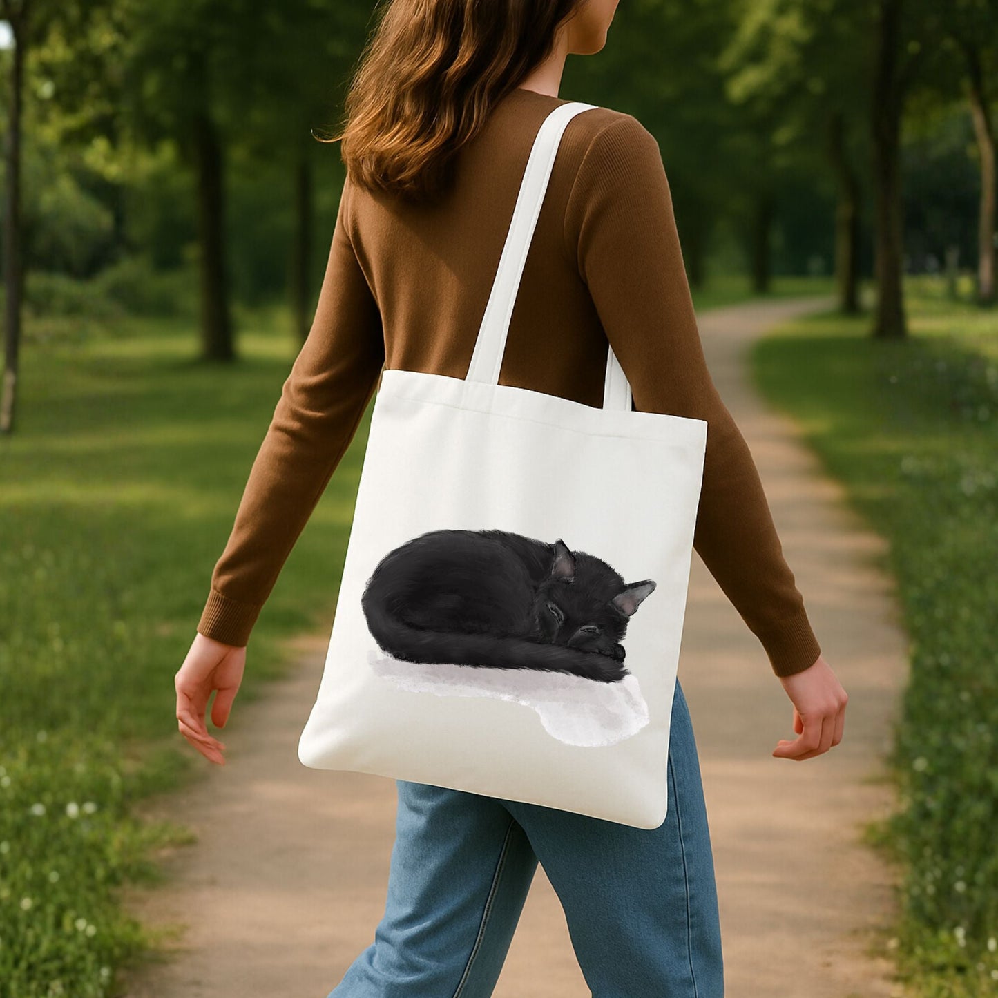 Sleeping Black Cat Canvas Tote Bag - MerikaArt
