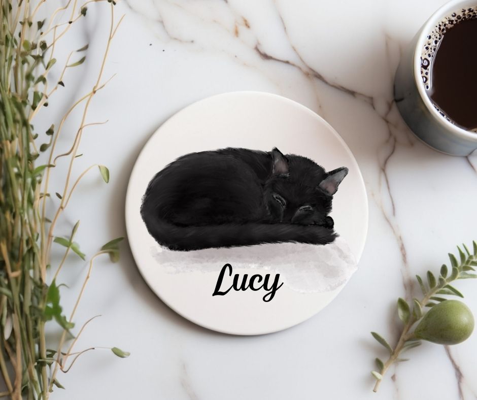 Sleeping Black Cat Ceramic Coaster - MerikaArt