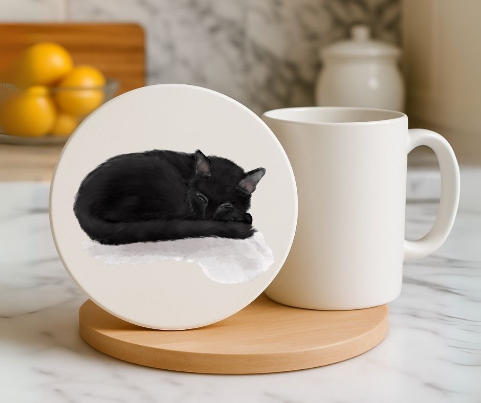 Sleeping Black Cat Ceramic Coaster - MerikaArt