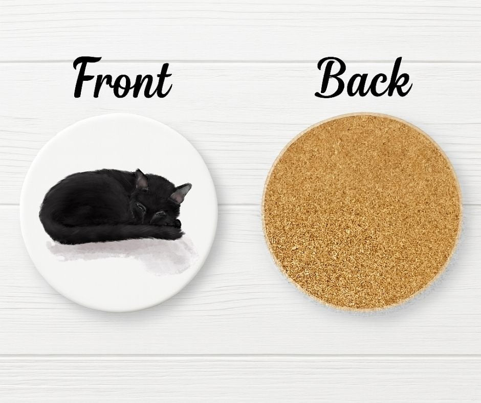 Sleeping Black Cat Ceramic Coaster - MerikaArt