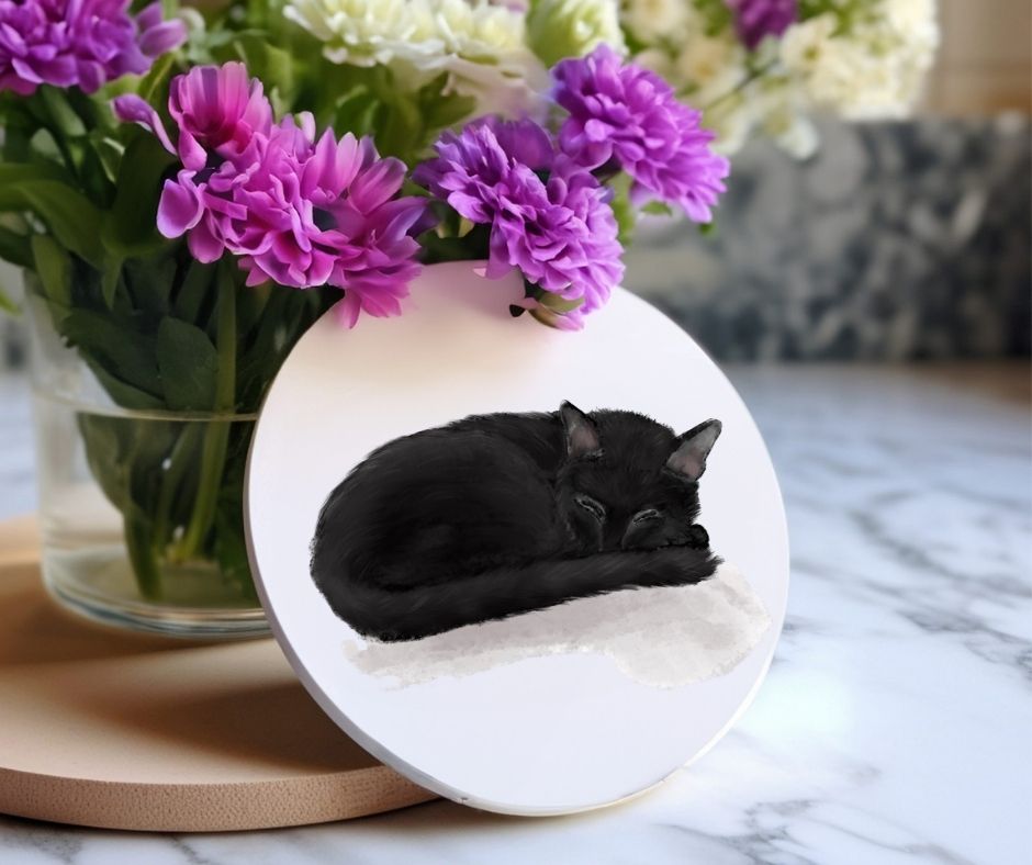 Sleeping Black Cat Ceramic Coaster - MerikaArt