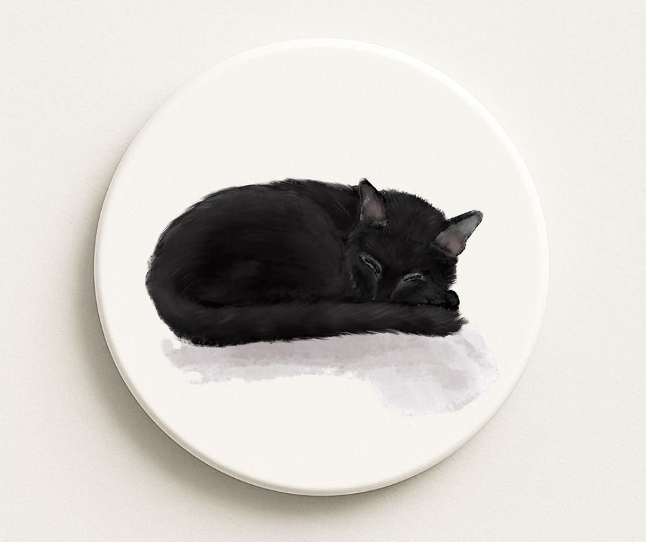 Sleeping Black Cat Ceramic Coaster - MerikaArt