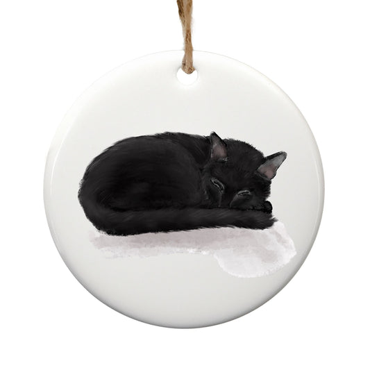 Sleeping Black Cat Ceramic Ornament - MerikaArt