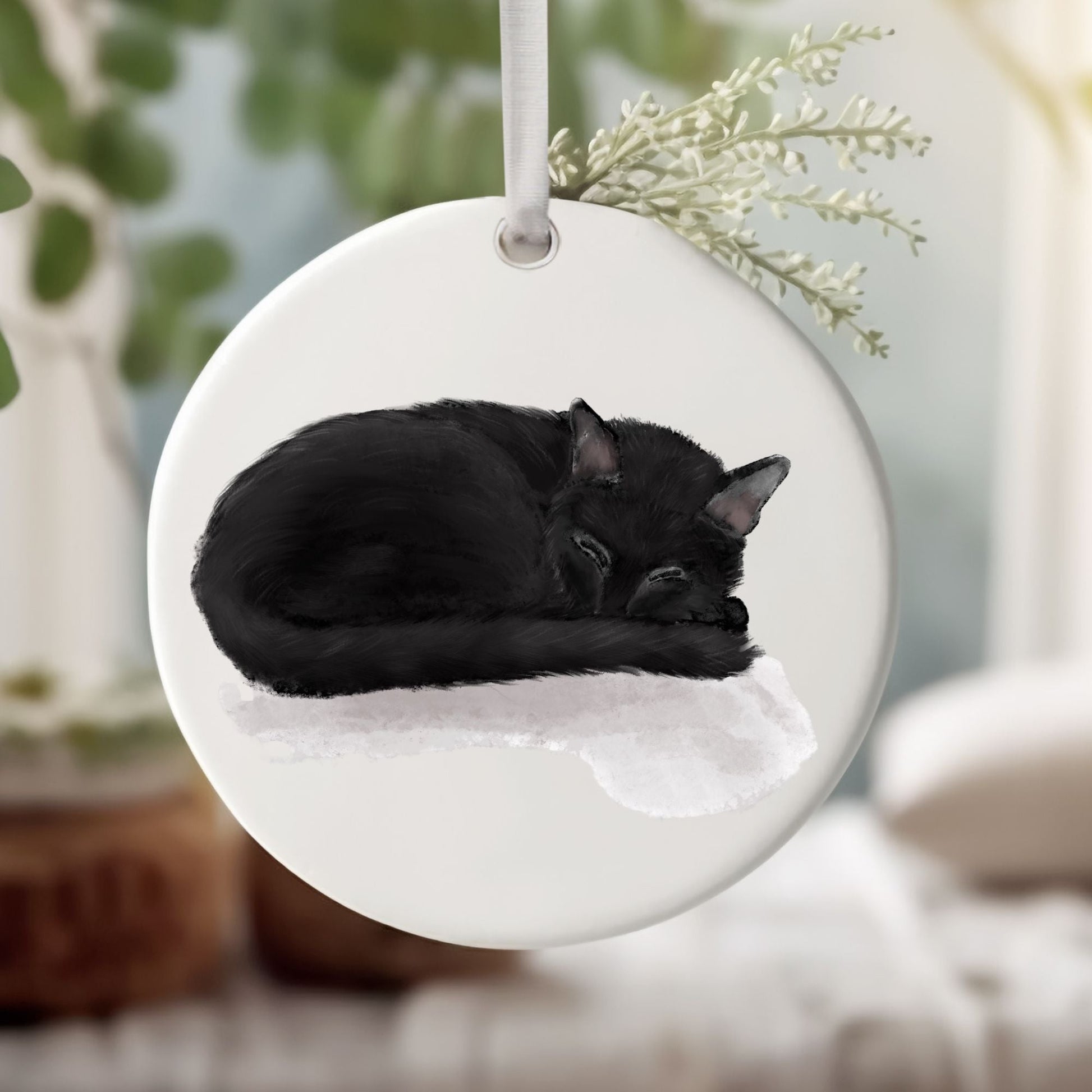 Sleeping Black Cat Ceramic Ornament - MerikaArt