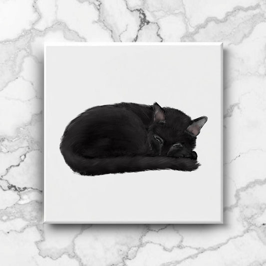 Sleeping Black Cat Ceramic Tile - MerikaArt