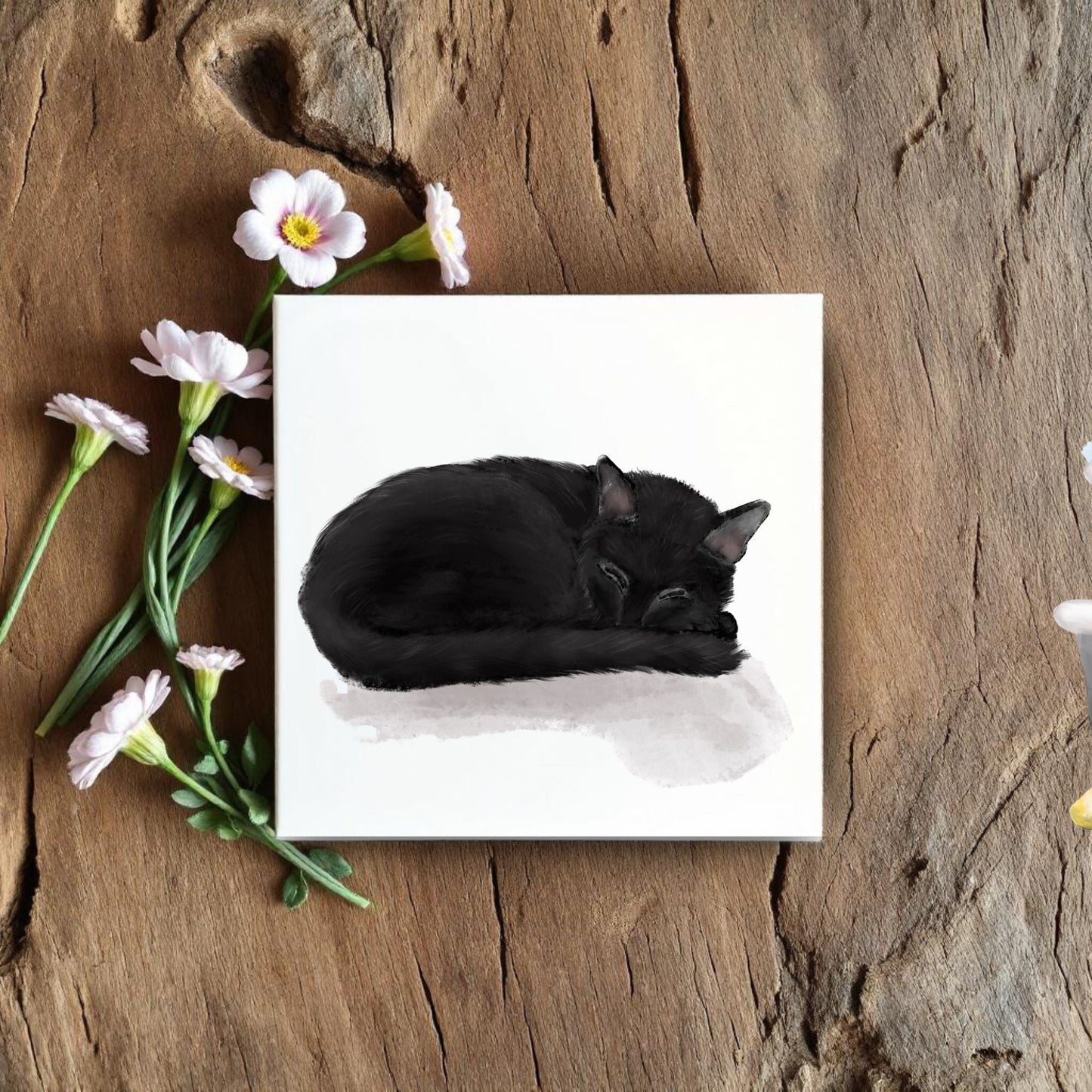 Sleeping Black Cat Ceramic Tile - MerikaArt