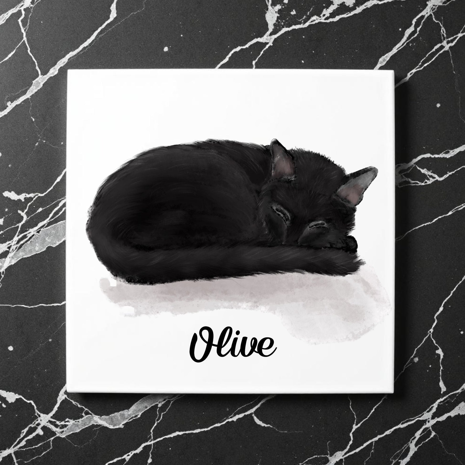 Sleeping Black Cat Ceramic Tile - MerikaArt