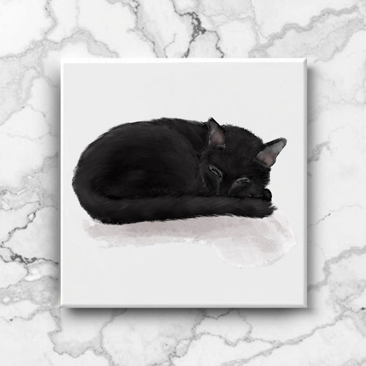 Sleeping Black Cat Ceramic Tile - MerikaArt