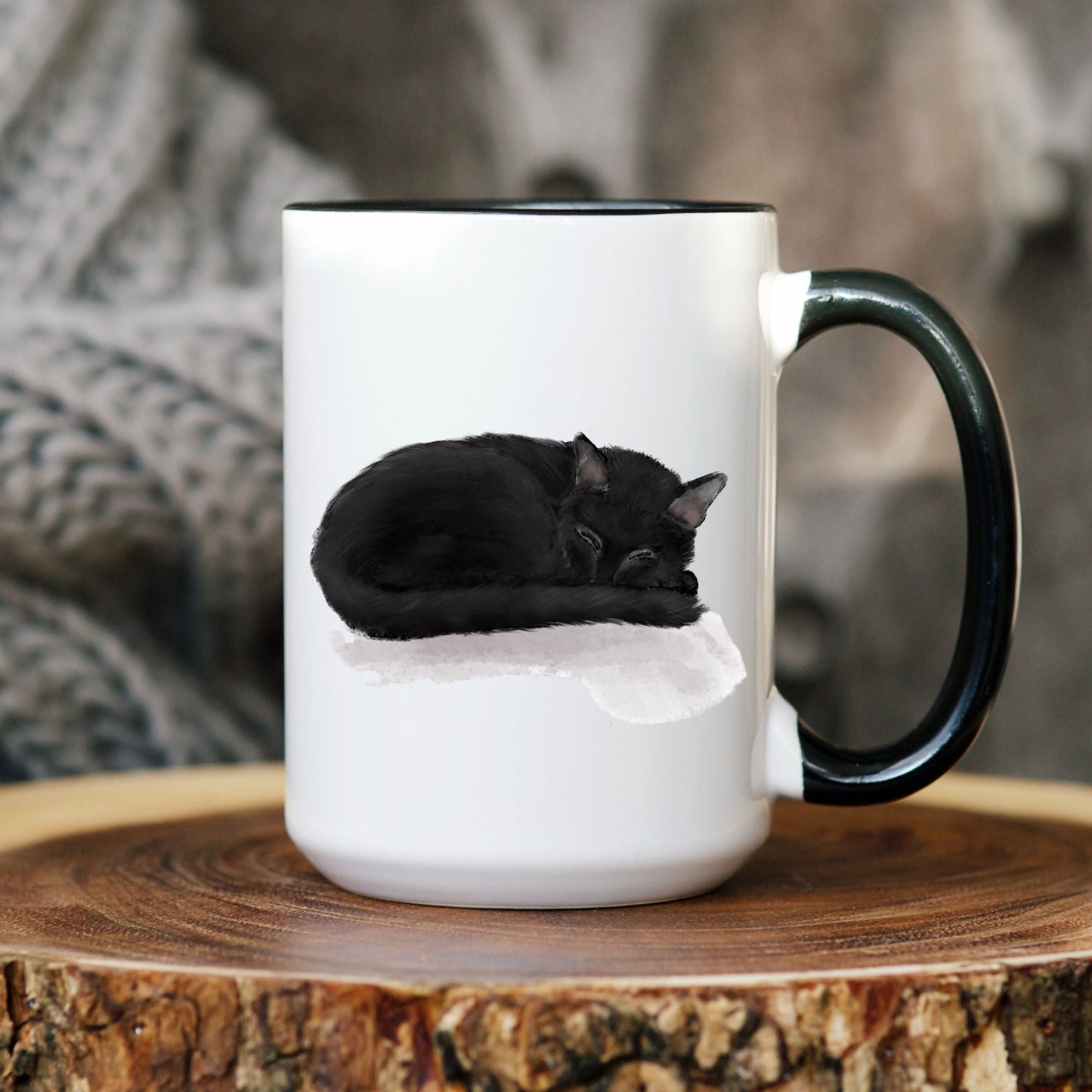 Sleeping Black Cat Mug - MerikaArt