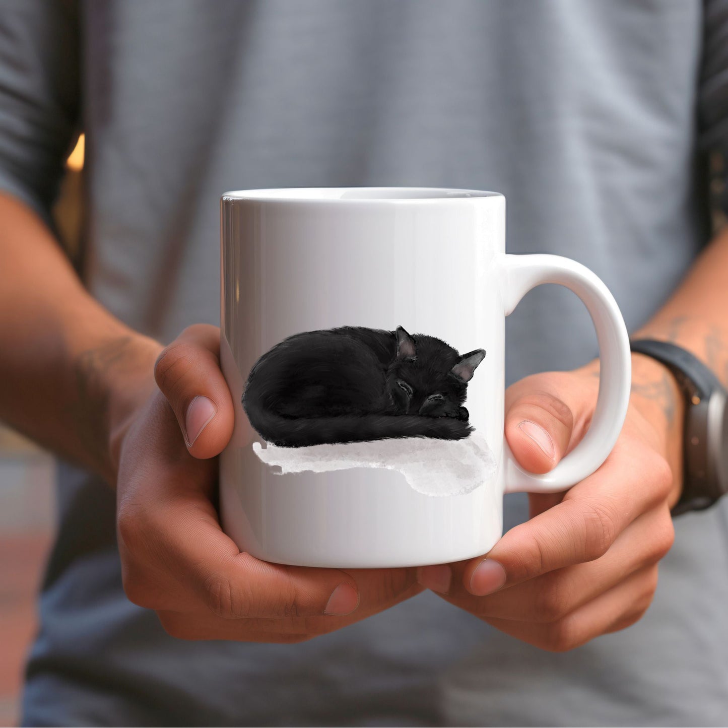 Sleeping Black Cat Mug - MerikaArt