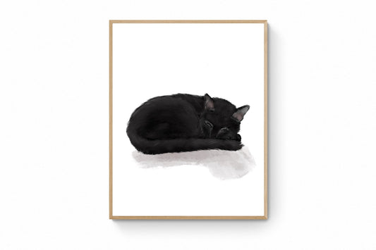 Sleeping Black Cat Print - MerikaArt